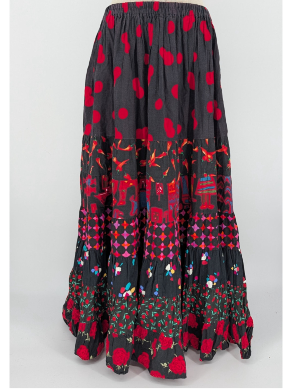 Vintage Anna Konya Patchwork Tiered Maxi Skirt One Size Dark Boho Festival 90s - Picture 2 of 14